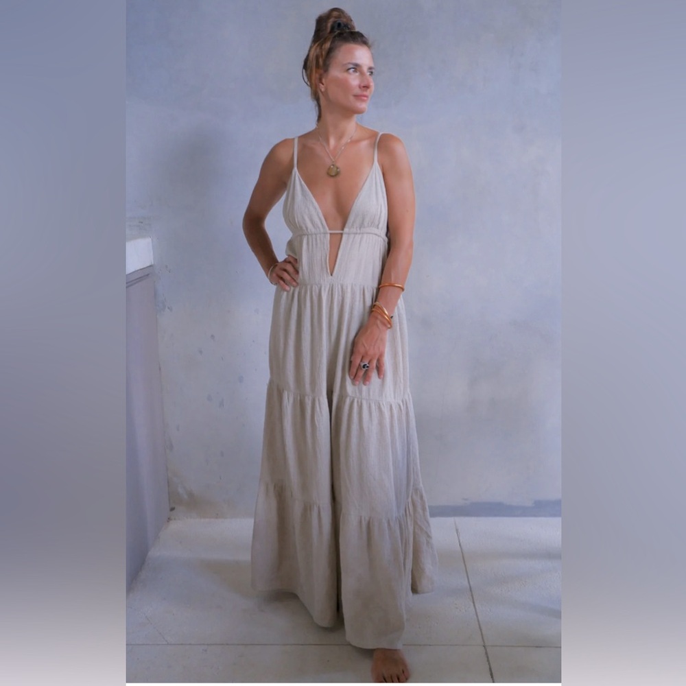 Seaspice Resort Wear Maxi Plunge Cover-Up Dress, Baby Beige, Small